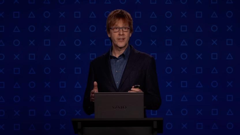 Mark Cerny presenting on the PS5 in front of a VAIO laptop.