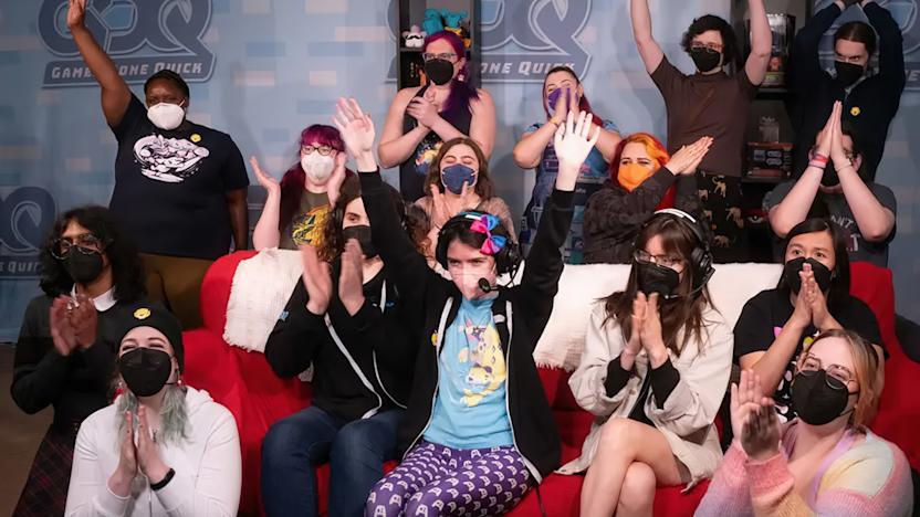 Photo of a group of women and femme speedrunners cheering during Flame Fatales.