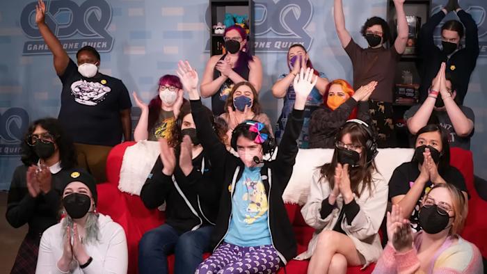 Photo of a group of women and femme speedrunners cheering during Flame Fatales.
