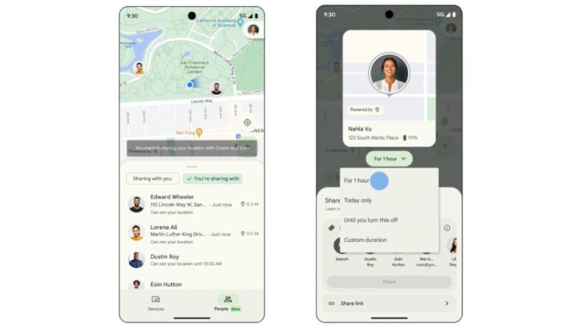 Side by side renderings of the Google Find My Device app on a smartphone showing the new People tab, which displays contacts' locations on a map and lists their current address