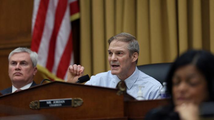 U.S. Rep. Jim Jordan (R-OH), Chairman of the House Judiciary Committee, asks questions during a hearing featuring the testimony of Special Counsel Robert Hur about Hur’s inquiry into President Biden's handling of classified documents, on Capitol Hill in Washington, U.S., March 12, 2024. REUTERS/Leah Millis