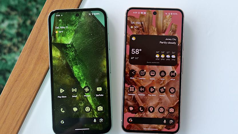 While both sport very similar designs, the Pixel 8a (left) has a slightly smaller 6.1-inch screen with larger bezels than the standard Pixel 8 (right). 