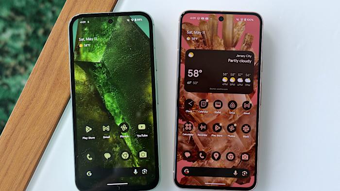 While both sport very similar designs, the Pixel 8a (left) has a slightly smaller 6.1-inch screen with larger bezels than the standard Pixel 8 (right). 