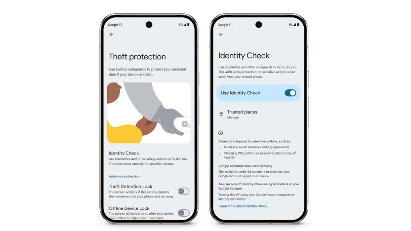 The Theft Protection and Identity Check screens in Android's Settings app.