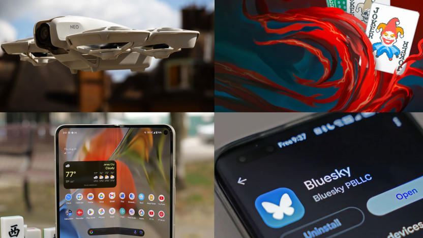 A composite image with, from left to right in clockwise order, photos of the DJI Neo, Balatro, Bluesky and the Pixel 9 Pro Fold laid out in a grid. 