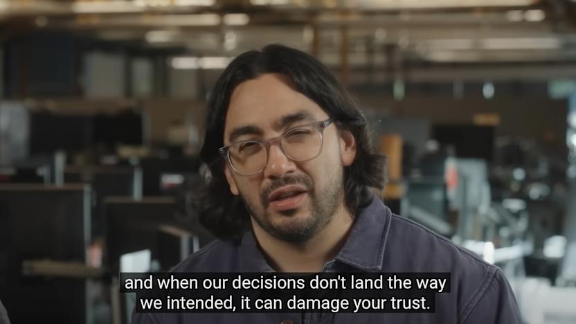 League of Legends executive producer Paul Bellezza apologizing in a video. Captioned text: "and when our decisions don't land the way we intended, it can damage your trust."
