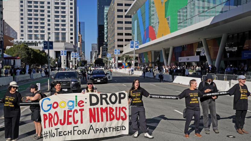 Local activists and tech workers protest against Google and Amazon's Project Nimbus contract with the Israeli military and government, outside the Google Cloud Next Conference in San Francisco, California, U.S. August 29, 2023. 