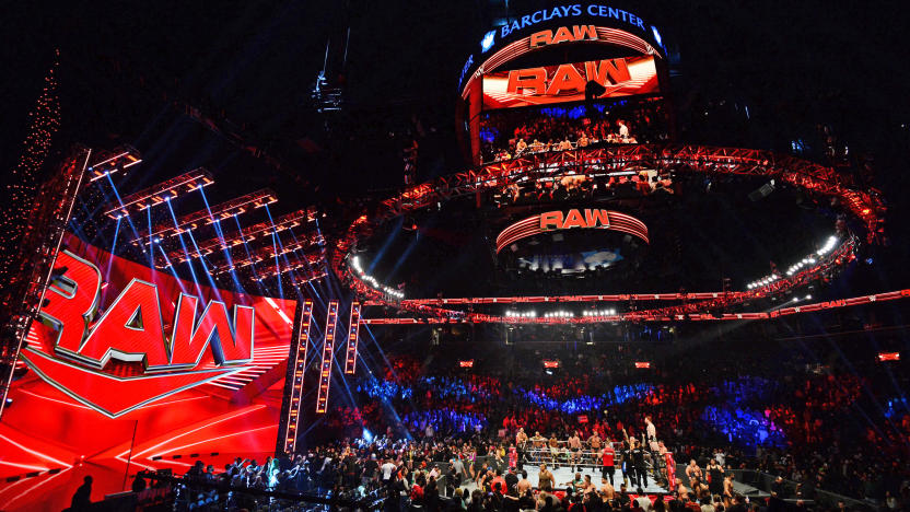 Nov 22, 2021; Brooklyn, NY, USA; A general view of the lumberjack tag team match during WWE Raw at Barclays Center. Mandatory Credit: Joe Camporeale-USA TODAY Sports