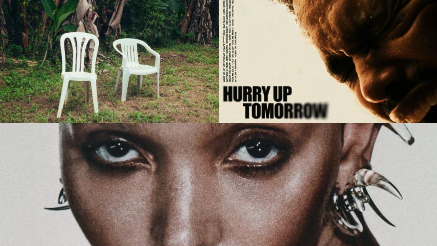 A collage showing album covers for Bad Bunny's Debí Tirar Más Fotos (top left), The Weeknd's Hurry Up Tomorrow (top right) and FKA twigs' Eusexua (bottom)