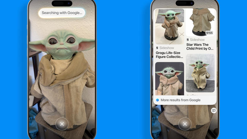 Two iPhone screenshots showing Apple's Visual Intelligence analyzing (and producing Google image search results for) a Grogu doll.