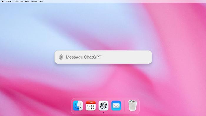 A macOS desktop with a search bar (center) that says "Message ChatGPT."