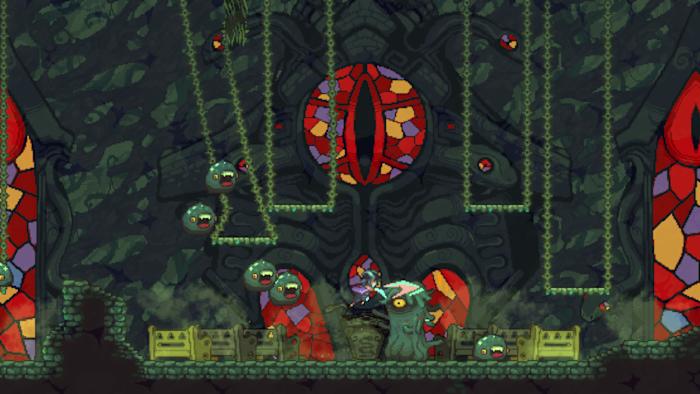 Graphic illustration with green and red elements for a 2D game.