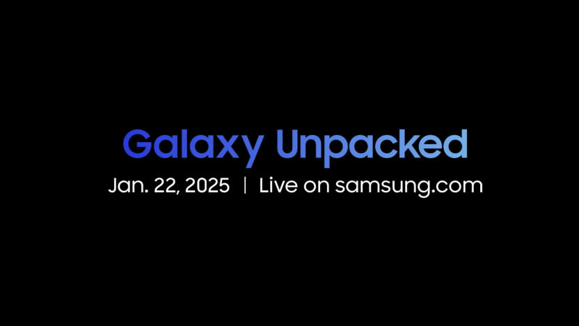 Announcement image for the next Samsung Galaxy Unpacked event. Text against a black background.