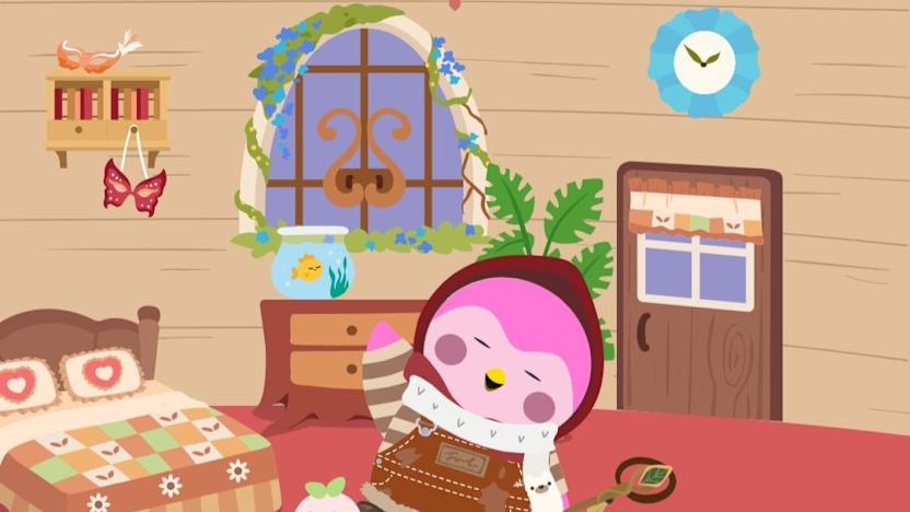 A screenshot from the Finch self-care app showing a pink cartoon bird dressed in a red hood, brown striped shirt and brown overalls waving hello in a treehouse room