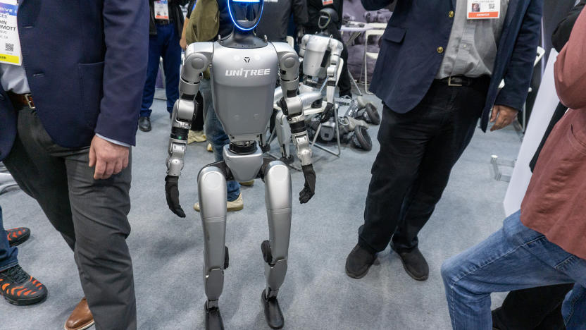 A Unitree humanoid robot on the floor of CES 2025.