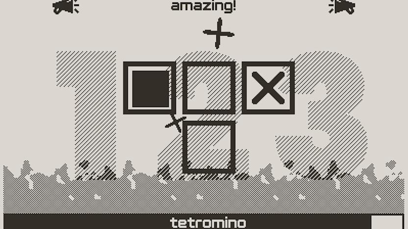 A still from the Playdate game XTRIS showing four squares arranged in a T formation, with a filled-in black square in the left-most tile and a black X in the right-most. the word "amazing" is shown at the top, and the numbers 123 are shown in the background, along with flames along the bottom