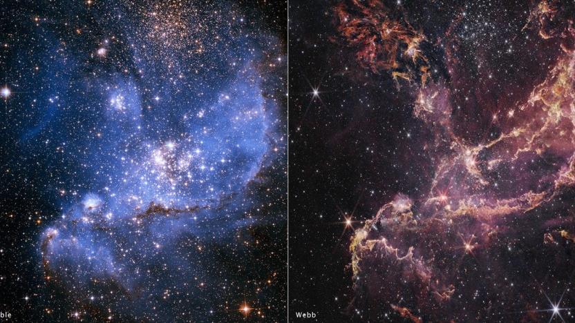 A comparison shot of Hubble and Webb images of NGC 346, a cluster home to several ancient planet-forming disks.