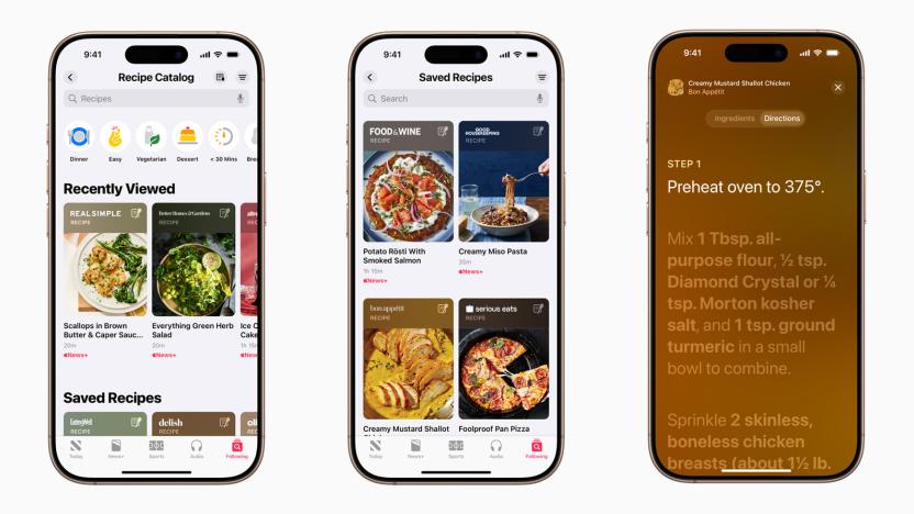 Screenshots of a new Food section in the Apple News+ app.