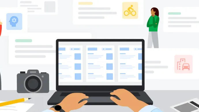 An illustration of a person on a computer with people and content in the background suggesting data gathering.