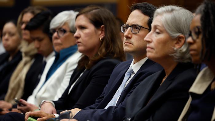 WASHINGTON, DC - JULY 13: FTC Commissioners Rebecca Kelly Slaughter (5th L) and Alvaro Bedoya (6th L) attend a hearing of the House Judiciary Committee in the Rayburn House Office Building on Capitol Hill on July 13, 2023 in Washington, DC. The committee heard testimony from Federal Trade Commission Chair Lina Khan, whom Republican members accuse of "mismanagement," "disregard for ethics and congressional oversight" and  "politicized rulemakings."  (Photo by Chip Somodevilla/Getty Images)