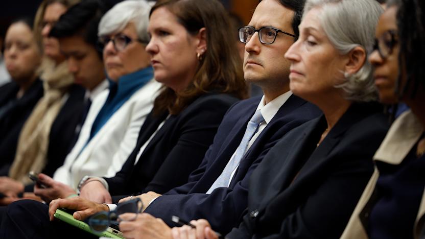 WASHINGTON, DC - JULY 13: FTC Commissioners Rebecca Kelly Slaughter (5th L) and Alvaro Bedoya (6th L) attend a hearing of the House Judiciary Committee in the Rayburn House Office Building on Capitol Hill on July 13, 2023 in Washington, DC. The committee heard testimony from Federal Trade Commission Chair Lina Khan, whom Republican members accuse of "mismanagement," "disregard for ethics and congressional oversight" and  "politicized rulemakings."  (Photo by Chip Somodevilla/Getty Images)