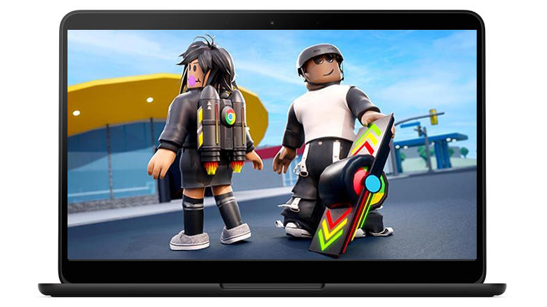 Two Roblox characters (with a jetpack and OneWheel) on a Chromebook screen.