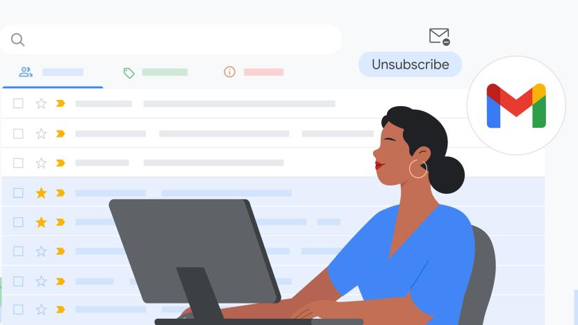 An illustration of a woman on her computer in front of a background of a Gmail inbox and a floating Gmail logo.