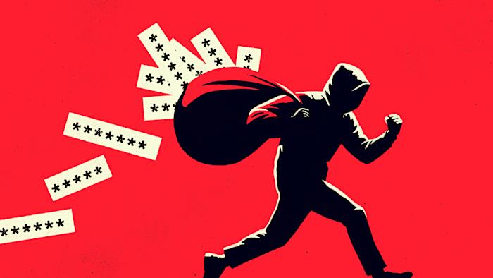 A hooded figure is depicted running with a large sack, from which slips of paper featuring asterisks (symbolizing passwords or confidential information) are falling out. The background is solid red, creating a striking contrast and emphasizing the theme of cyber theft or data breach.
