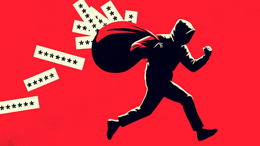 A hooded figure is depicted running with a large sack, from which slips of paper featuring asterisks (symbolizing passwords or confidential information) are falling out. The background is solid red, creating a striking contrast and emphasizing the theme of cyber theft or data breach.