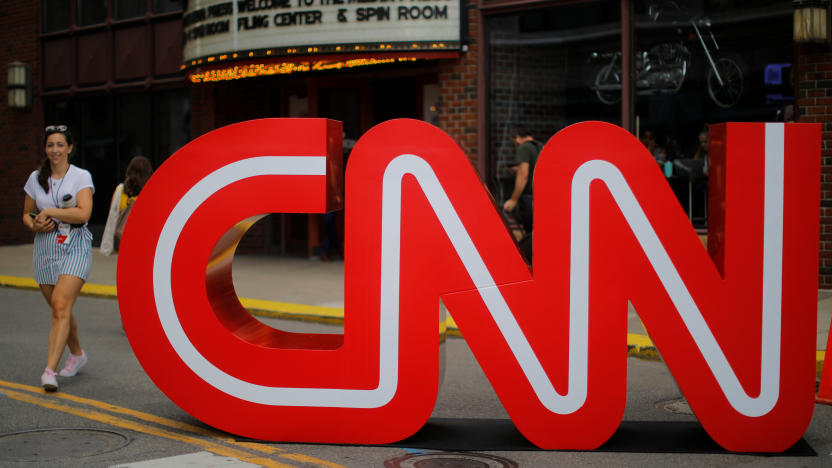 FILE PHOTO: The CNN logo stands outside the venue of the second Democratic 2020 U.S. presidential candidates debate, in the Fox Theater in Detroit, Michigan, U.S., July 30, 2019.    REUTERS/Brian Snyder/File Photo