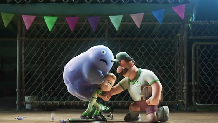 Still from the first episode of Pixar's Win or Lose. A child with a sweat blob on her back is comforted by her coach father.