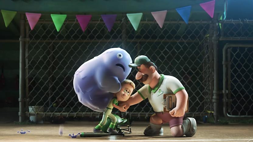 Still from the first episode of Pixar's Win or Lose. A child with a sweat blob on her back is comforted by her coach father.