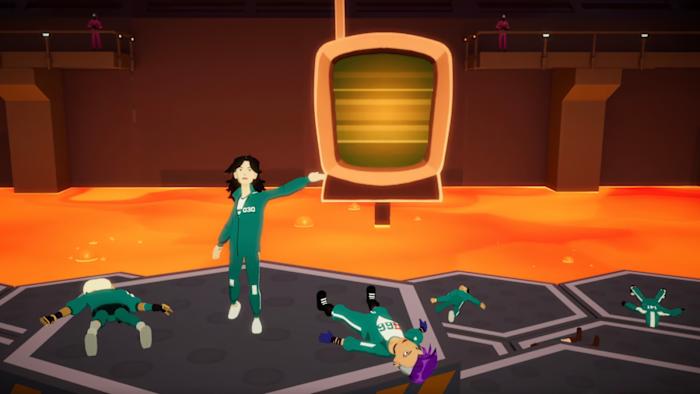 Computer graphics showing people wearing green tracksuits. Five people are lying on the ground and only one is standing up.
