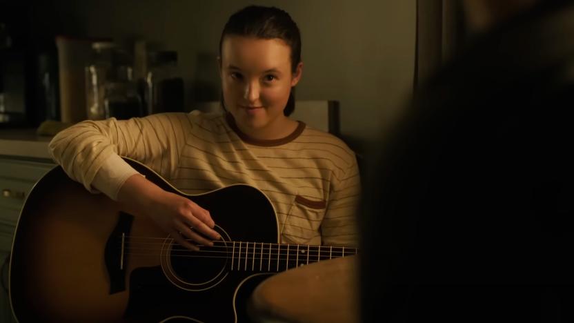 A screenshot of Ellie playing guitar from HBO's The Last of Us.