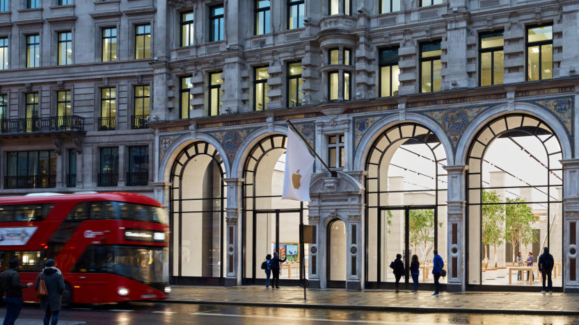 Photo of the front of the Apple Store in London on Regent St. A double-decker bus approaches.