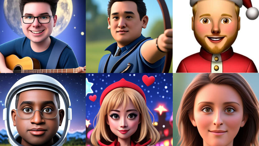 A composite of six illustrations, each featuring one Engadget staff member. 