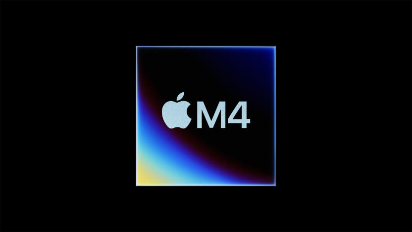 The Apple logo beside "M4" in white lettering surrounded by an iridescent square representing the M4 chip, agains a black background