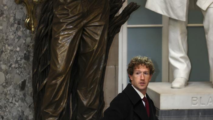 Washington , DC - January 20: Meta CEO Mark Zuckerberg seen on Capitol Hill following the 60th inaugural ceremonies on January 20, 2025, in Washington, DC. Trump becomes the 47th president of the United States in a rare indoor inauguration ceremony. The parade was also moved inside Capitol One Arena due to weather. 

(Photo by Tom Brenner for The Washington Post via Getty Images)