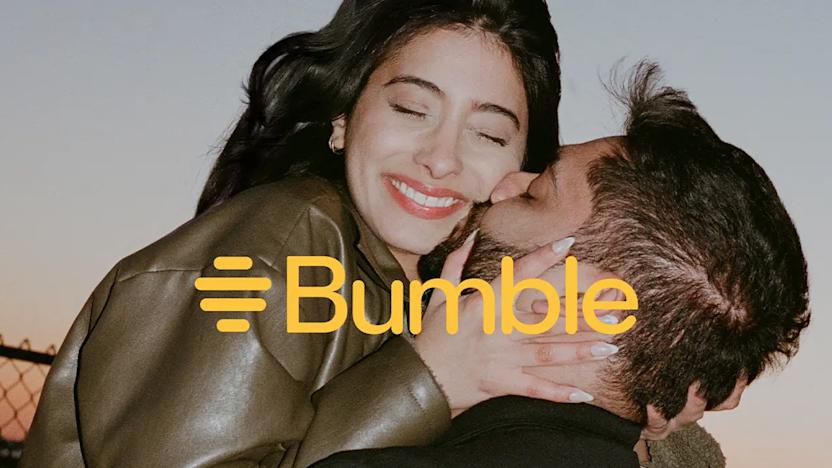 An ad for Bumble showing too happy people embracing.