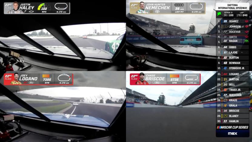 A split screen view of a NASCAR race from four drivers' perspectives complete with individual stats and a leaderboard.