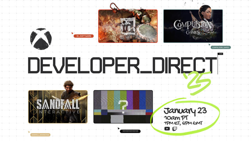 Xbox Developer Direct image featuring the logos of id Software, Compulsion Games and Sandfall Interactive as well as a blank box.