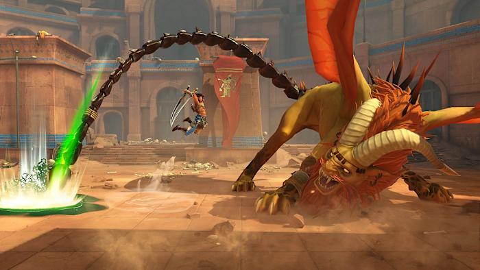 Gameplay still from Prince of Persia: The Lost Crown. The hero leaps in the air with his swords as he faces a giant minotaur.