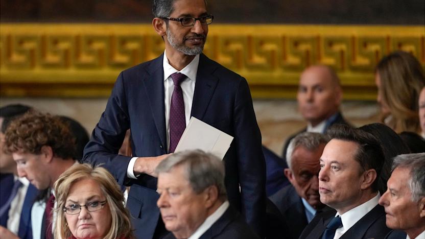 WASHINGTON, DC - JANUARY 20:  Google CEO Sundar Pichai arrives for the inauguration of President Donald Trump at the U.S. Capitol Rotunda on January 20, 2025 in Washington, DC. Donald Trump takes office for his second term as the 47th president of the United States. (Photo by Julia Demaree Nikhinson - Pool/Getty Images)