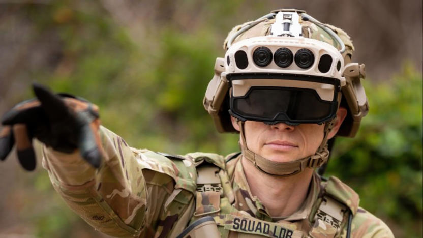 An Army soldier wearing a prototype of the Microsoft-designed IVAS AR headset, based on HoloLens.