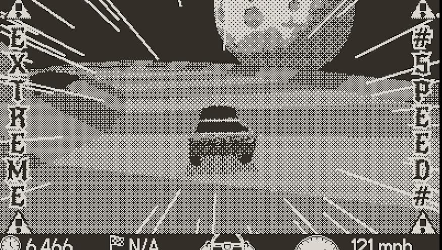 A still from the Playdate game Jump Truck showing a pickup truck on a winding race track with speed lines all around it, and the moon in the distance ahead