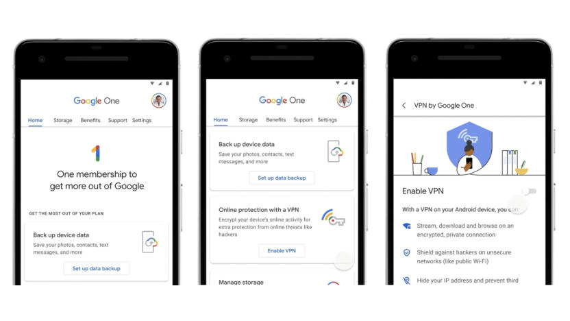 Screenshots showing Google One's app.