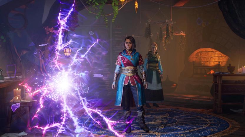 A screenshot of a video game showing two people wearing fantasy clothing.