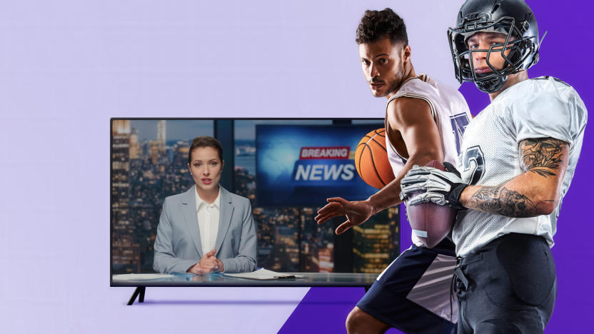 Marketing image of basketball and football players in front of a TV showing a news anchor.