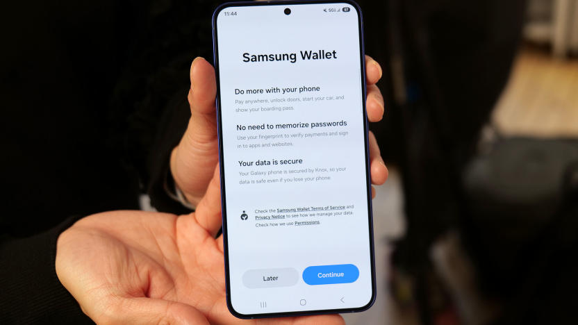 A Galaxy S25 held in two hands, with the Samsung Wallet app on its screen.