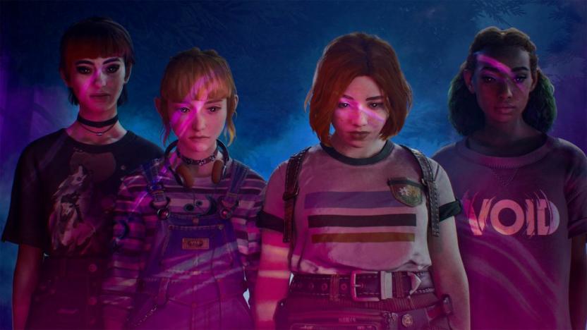 Gaming still from Lost Records: Bloom & Rage. Four female friends in the 1990s looking down forebodingly at something off-camera.